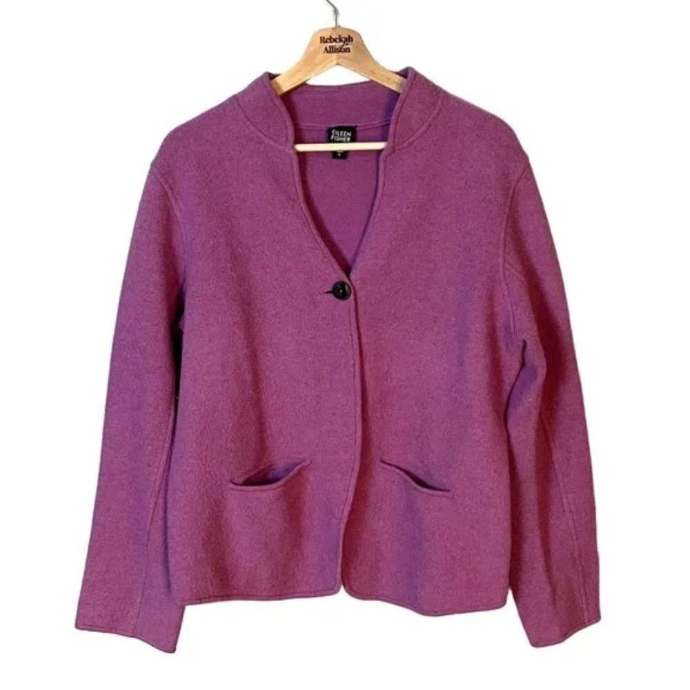 Eileen Fisher Lambswool Orchid Purple/Pink Cardigan Sweater Size Large EUC